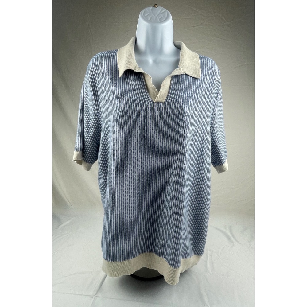 Madewell Mens Blue White Striped Cotton Knit Short Sleeve Johnny Collar Polo L